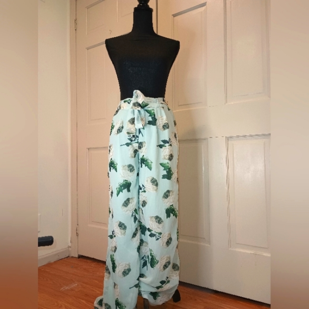 Green Floral Wide Pants